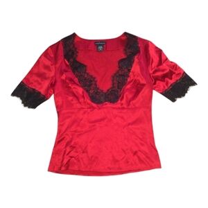 Y2K Moda International Red Silk Top with Black Lace Trim Size XS